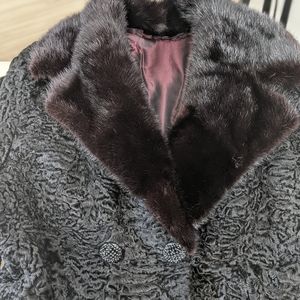 Women's black Persian Lamb w/mink collar 3/4length coat.
